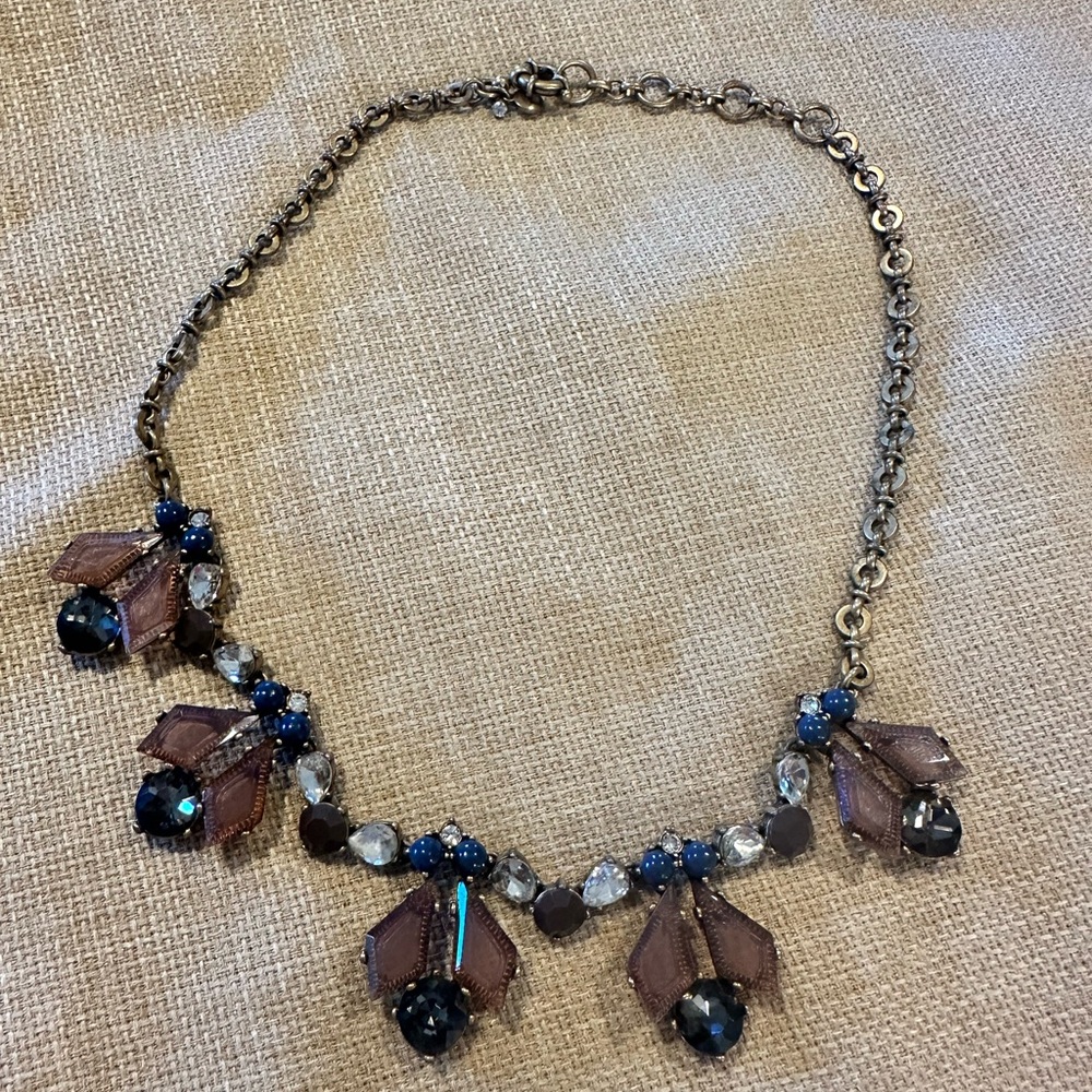 J Crew Statement Necklace- Blue, Tan and Brushed Gold; Adjustable between 16-18”
